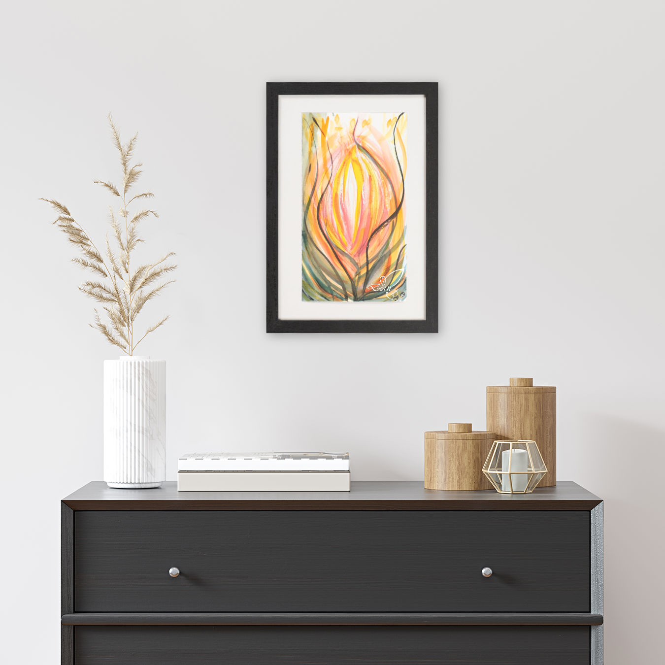 Fire, Aquarell im Rahmen